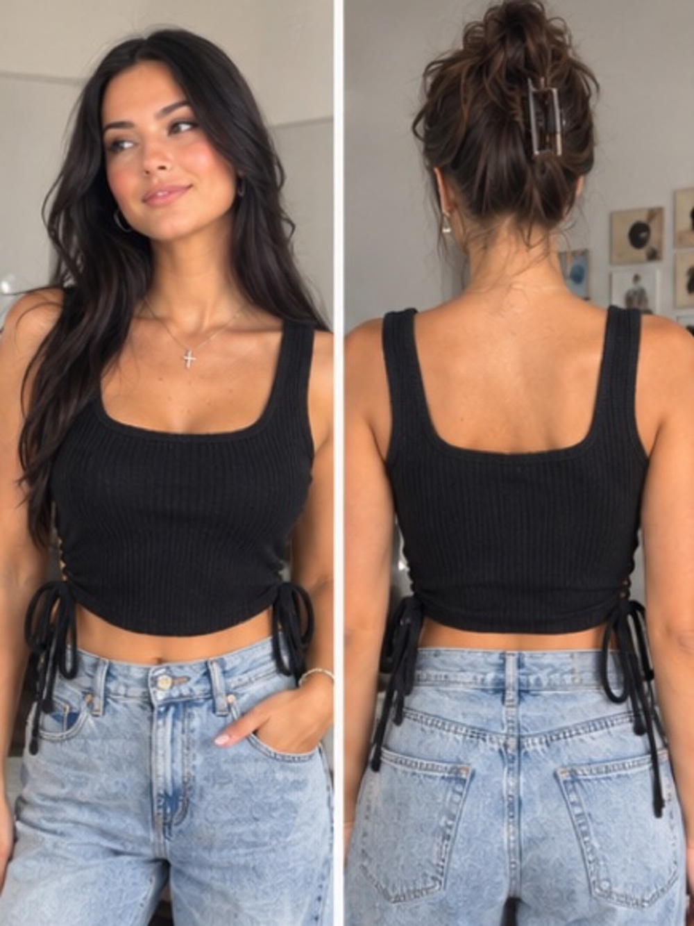SHEIN Black Ribbed Square-Neck Crop Tank with Side Ties